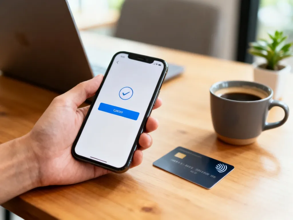Smartfon z potwierdzeniem płatności obok karty zbliżeniowej i kawy, symbol wygodnego korzystania z autopay