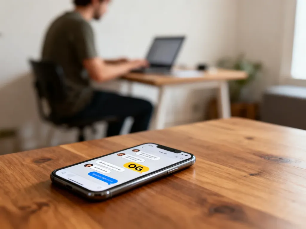 Smartfon z czatem, na którym wyróżnia się skrót „OG”, w tle osoba przy laptopie w domowym, ciepłym wnętrzu