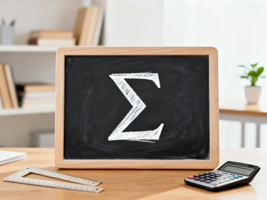 Tablica z dużym symbolem sigmy otoczona przyborami matematycznymi, w tle półki z książkami w jasnym pokoju do nauki.