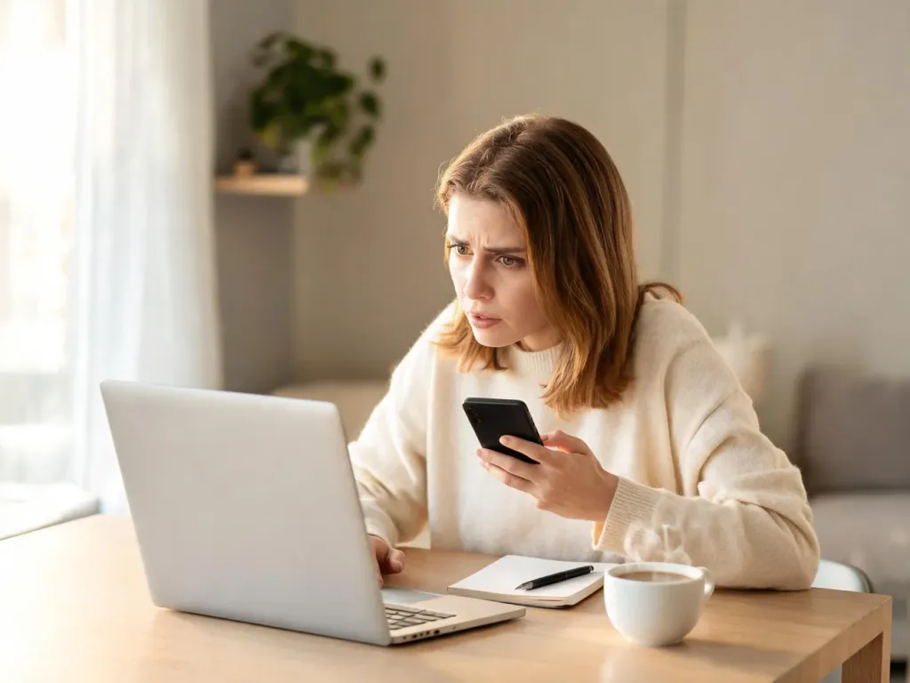 Młoda kobieta przy biurku patrzy z zaciekawieniem na laptop, trzymając telefon, jakby szukała znaczenia internetowego skrótu.