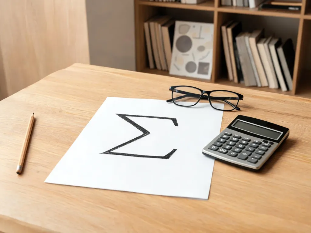 Duży symbol greckiej sigmy na kartce na biurku z kalkulatorem i okularami, w spokojnej, nowoczesnej przestrzeni nauki matematyki.