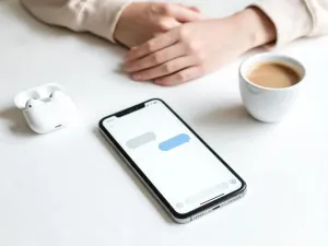 Smartfon z otwartym czatem w domowym biurze, ilustrujący codzienne użycie skrótu „Gz” w internetowych rozmowach.