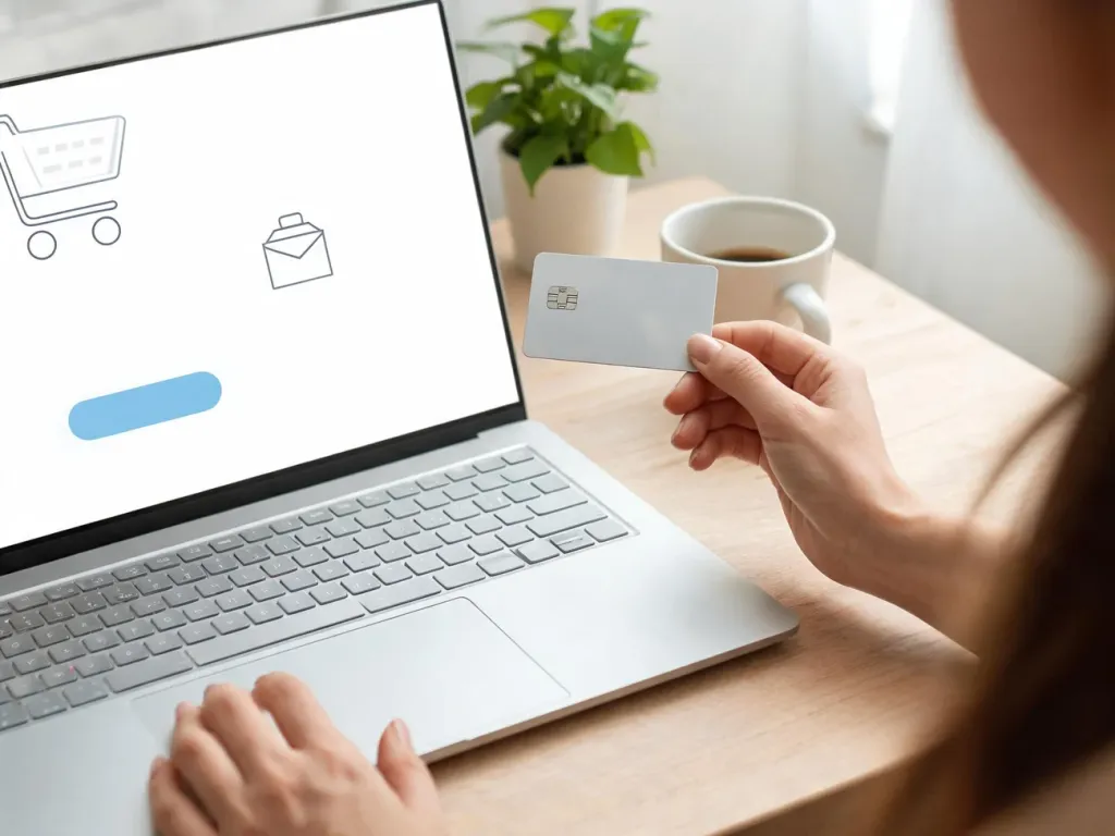 Kobieta płaci kartą za zakupy online na laptopie, na ekranie widoczny prosty i przejrzysty formularz płatności.