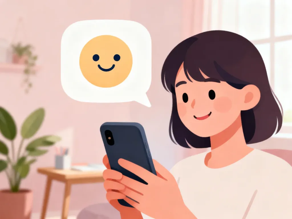 Osoba z telefonem wysyłająca uroczy emoji, ilustrująca słodki, czuły charakter emotikonu „uwu”